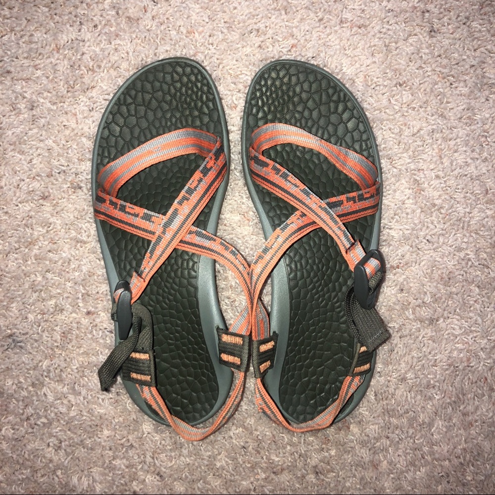 Orange and grey chacos